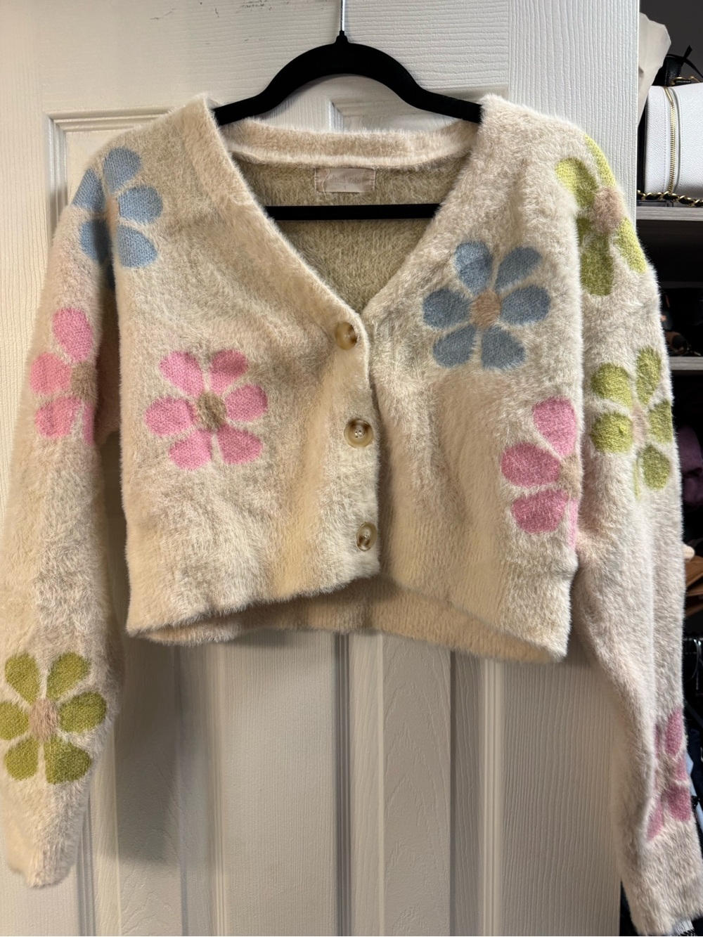Altar'd State Cream Fuzzy Floral Cropped Button Cardigan
